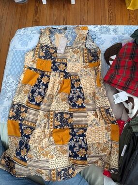Patchwork Floral Casual Sundress in Mustard & Navy - Women's